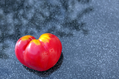 Big tomato in shape of heart on gray background.の写真素材
