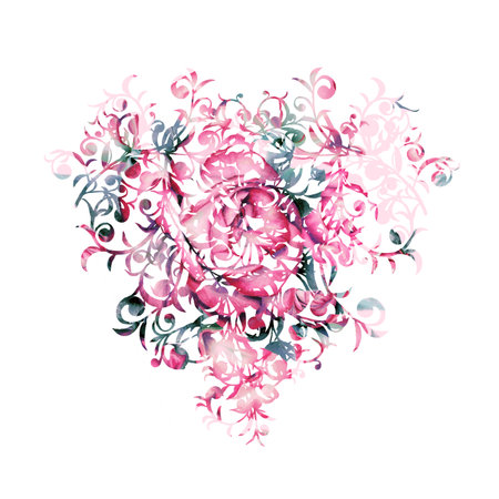 Colorful Valentines day heart with pink rose and leaves.の写真素材