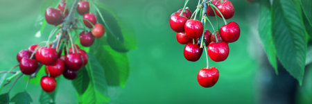 Cherry tree branch with ripe large fruits .の写真素材