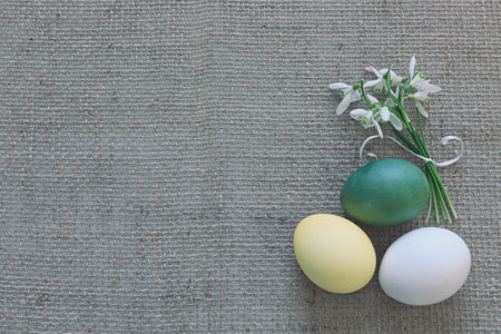 Easter egg and snowdrops bouquet. Festive decoration on cloth background.の写真素材