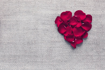 Red heart of roses petals isolated on a cloth background.の写真素材