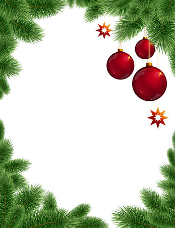 Christmas frame with fir branches and red balls.の写真素材