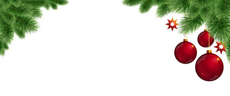 Christmas border with fir tree branches and red baubles .の写真素材