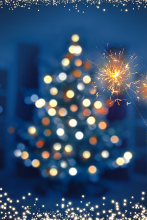Sparkling Christmas tree and and bengal light.の写真素材