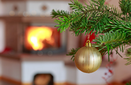 Christmas ball on fir tree branch and blur burning fireplace background.の写真素材
