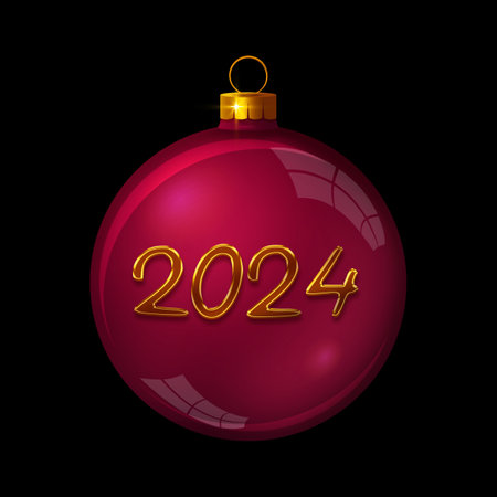New Year 2024New Year 2024 sign on red Christmas ball isolated on black.の写真素材