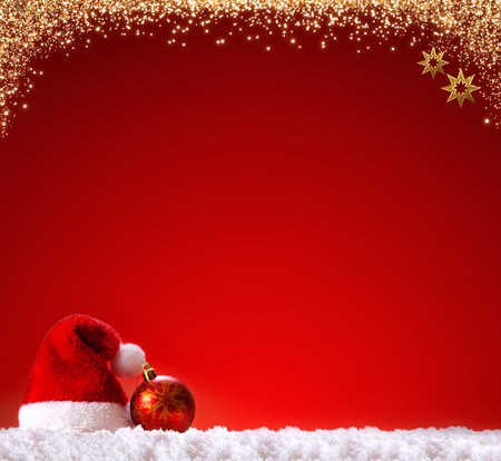 Santa hat isolated on red background. Christmas background.の写真素材