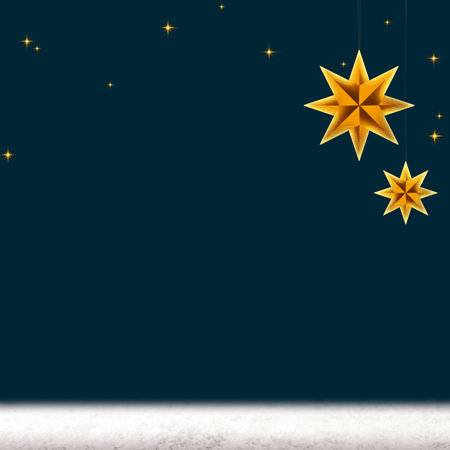 Christmas golden stars on dark blue background and white snow .の写真素材