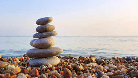 Spa stones balance on the sand of the beach.の写真素材