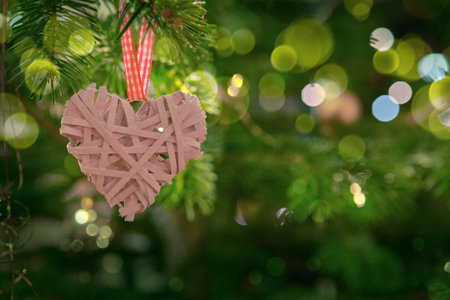 White heart hanging on a fir tree branch.の写真素材