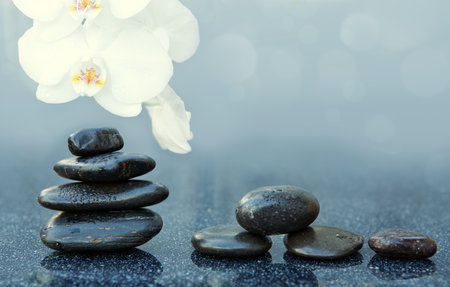 White orchid flowers and spa stones on a gray background, space for a text.の写真素材