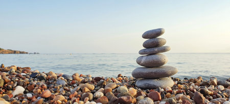 Spa stones balance on the sand of the beach.の写真素材