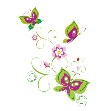 Spring background with colorful butterflies and flowers.の写真素材