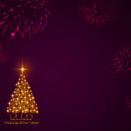 Christmas tree with lights isolated on purple background. Happy New Year 2025.の写真素材