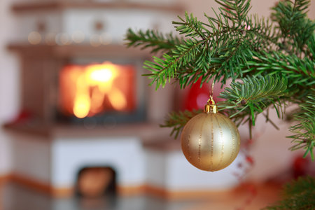 Christmas ball on fir tree branch and blur burning fireplace background.の写真素材