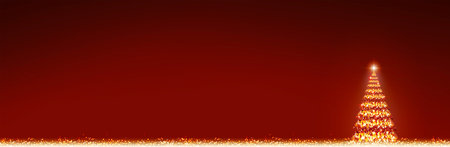 Christmas tree with lights isolated on red sky background.の写真素材