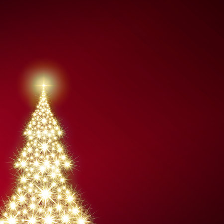 Christmas tree with lights isolated on red sky background.の写真素材