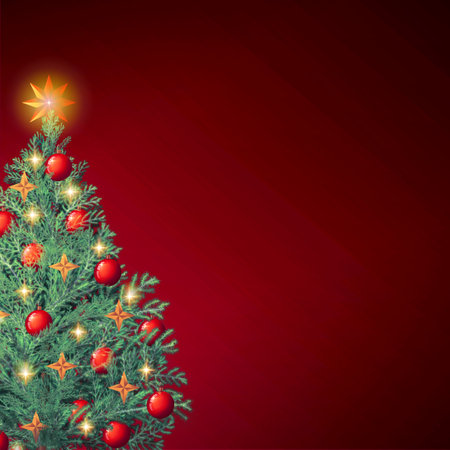 Christmas tree with lights isolated on red background.の写真素材
