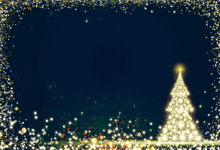 Christmas tree with lights isolated on blue sky background.の写真素材