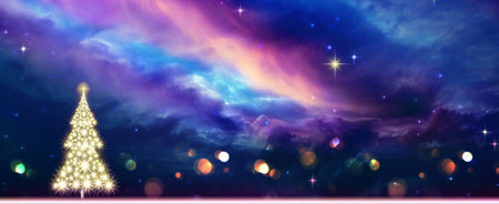 Merry Christmas and happy New Year background with Christmas tree and stars sky.