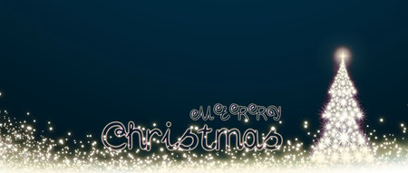 Christmas tree isolated on blue sky background. Merry Christmas lettering greeting card.の写真素材