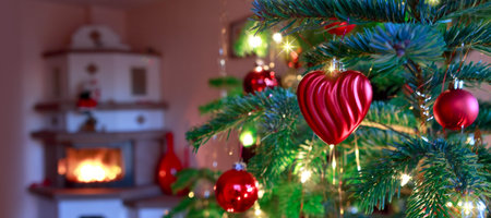 Christmas and New Years background with fir tree and blur burning fireplace .の写真素材