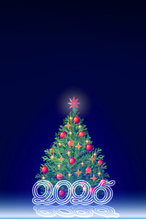 Blue Christmas background with colorful fir tree.の写真素材