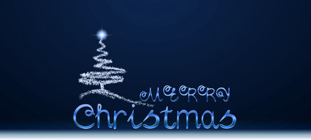 Christmas tree isolated on blue sky background. Merry Christmas lettering greeting card.の写真素材