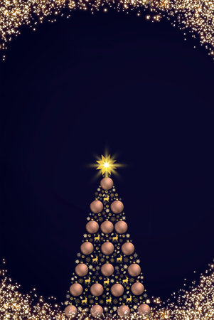 Christmas tree with balls isolated on black sky background.の写真素材