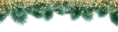 Merry Christmas background with green fir tree branches and glowing lights.の写真素材