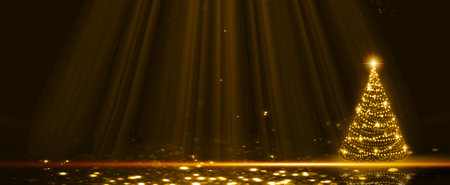 Christmas tree with lights isolated on golden background.の写真素材