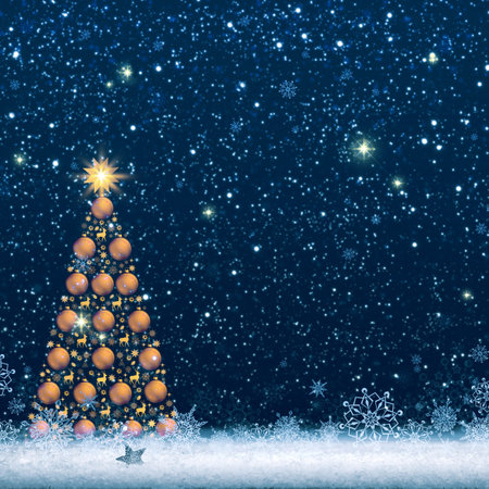 Merry Christmas and happy New Year background with Christmas tree and snowfall.の写真素材