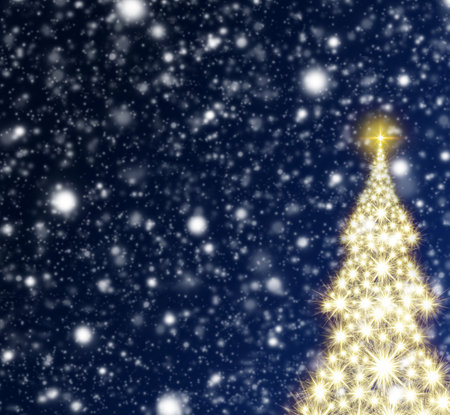 Merry Christmas and happy New Year background with Christmas tree and snowfall.の写真素材