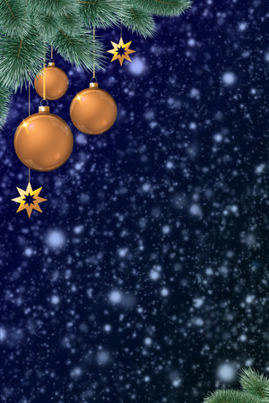 Golden Christmas decorations, for branches on snowfall background.の写真素材