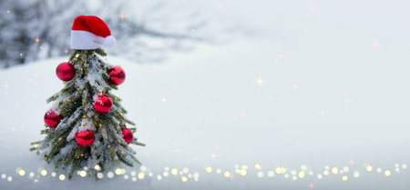 Christmas tree with red Santa hat isolated on white snow.の写真素材