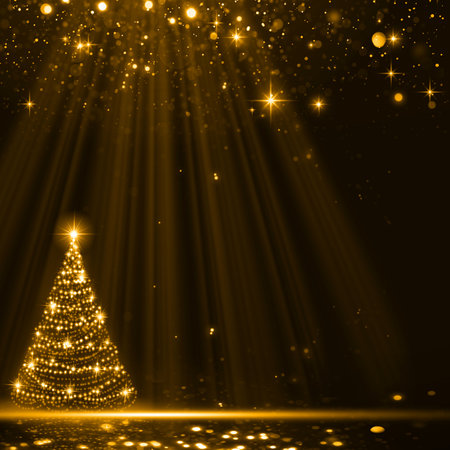 Christmas tree with lights isolated on golden background.の写真素材