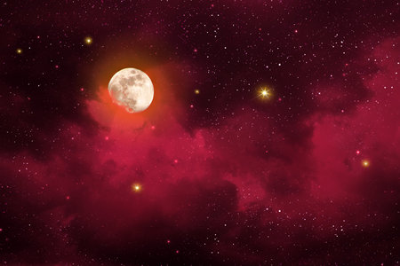 Night sky with full moon in the colorful clouds.の写真素材