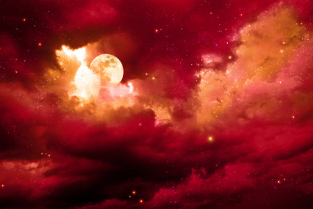 Night sky with full moon in the colorful clouds.の写真素材