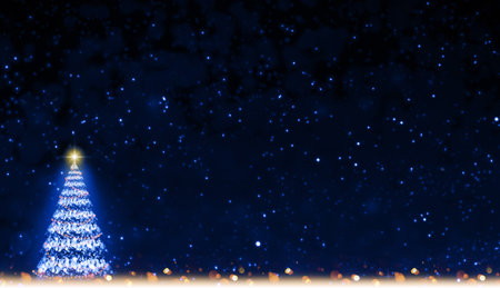 Christmas tree with lights isolated on stars sky background.の写真素材