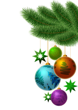 Christmas background with colorful baubles on fir tree branch.の写真素材