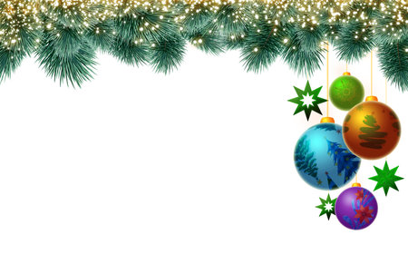 Christmas background with colorful baubles on green fir tree branch.の写真素材