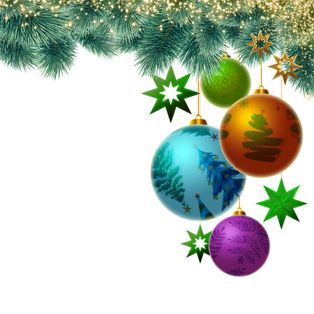 Christmas background with colorful baubles on green fir tree branch.の写真素材