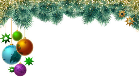 Christmas background with colorful baubles on green fir tree branch.の写真素材