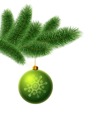 Merry Christmas background with green fir branch and golden ball.の写真素材