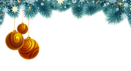 Christmas background with yellow baubles on green fir tree branch.の写真素材