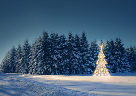 Winter forest with Christmas golden fir tree on snow.の写真素材