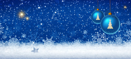 Blue Merry Christmas background with bauble and white snow.の写真素材