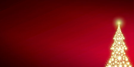 Christmas tree with lights isolated on red sky background.の写真素材