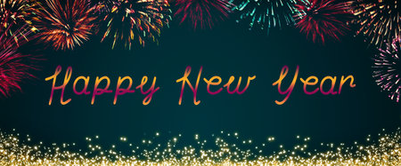 New Year fireworks in the night sky and Bengal sparkling lights on green.
