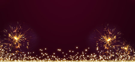 New Year background in the night sky and Bengal sparkling lights on red.の写真素材